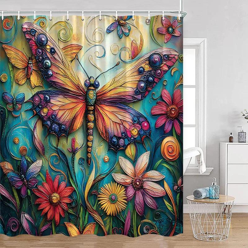 Luxury Gold White Floral Shower Curtain Rose Butterfly Cherry Blossom Modern Art Flower Polyester Fabric Bathroom Curtains Dec