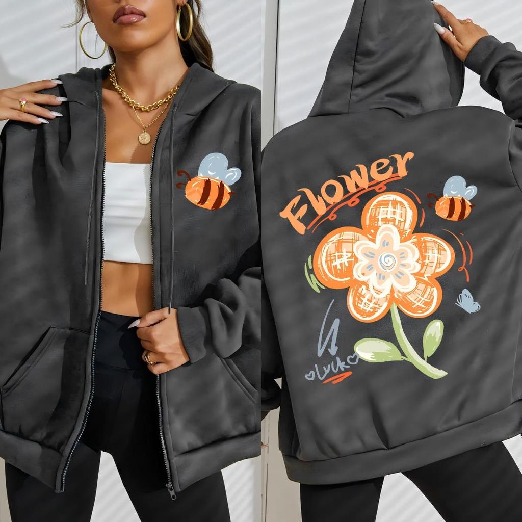 Luck Flower Little Bee Pattern Zipper Hoodies Women Fashion Soft Hoodie Autumn Oversize Sportswears Loose Casual Streetwear