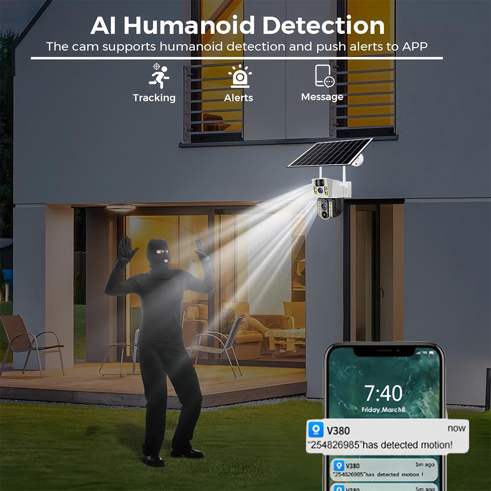 Dual-Lens Solar PTZ Camera, Motion Detection Night Vision, WIFI/4G Wireless IP CCTV Security Monitor
