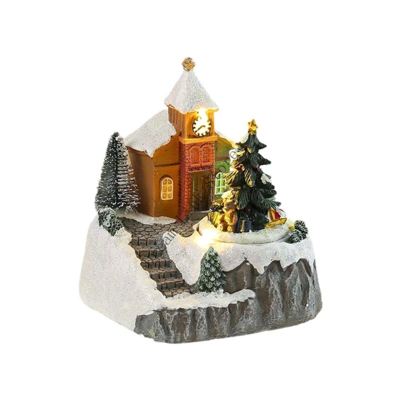 Q1FD Christmas Music Box Snow House Ornament with LED Light Handmade Desk Decoration