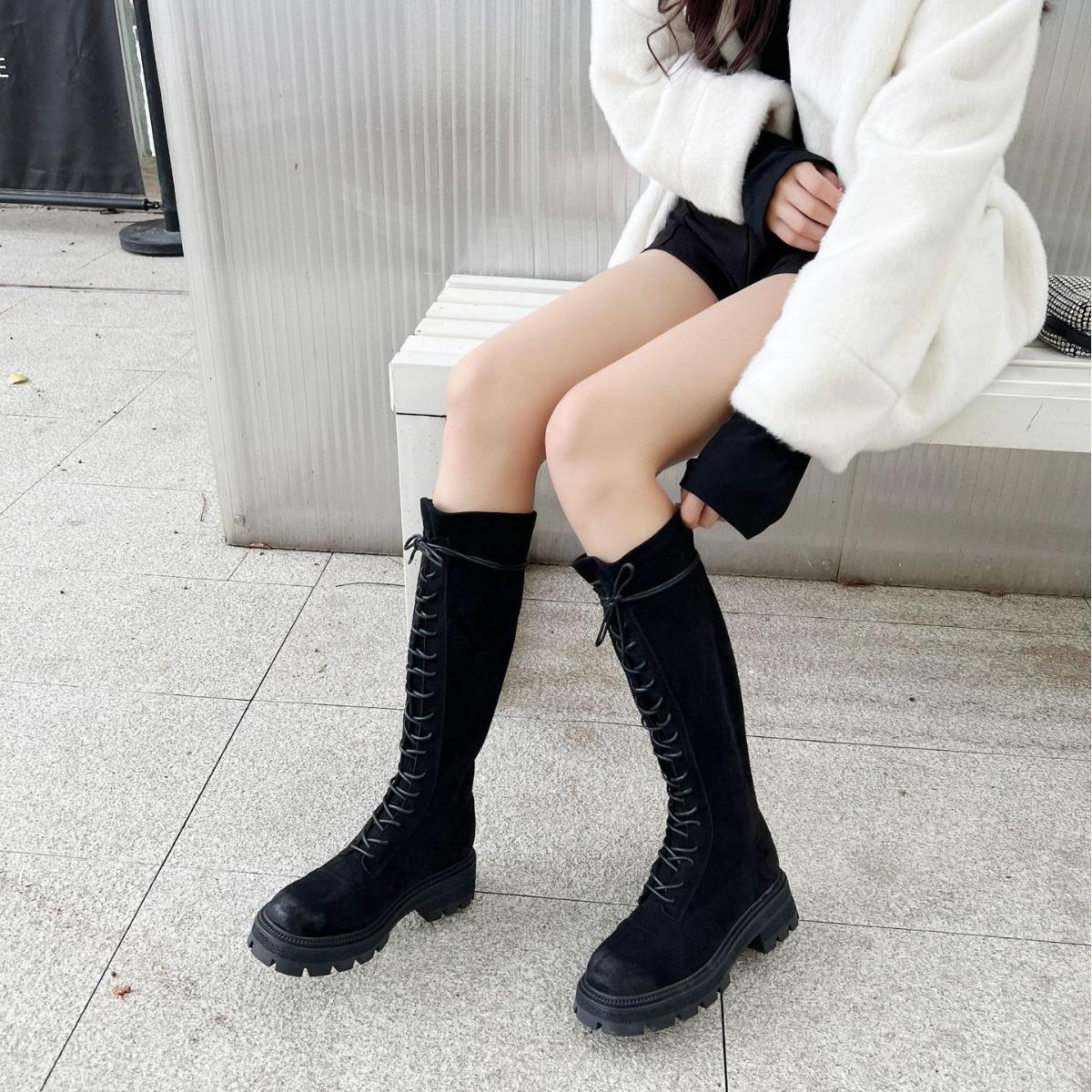 

Black Skinny Boots Martin Boots Thick Bottom Yang Sheep Hunting Suede Fashion Skinny Spice Girl Black Drawstring Boot Cover 40 чорний