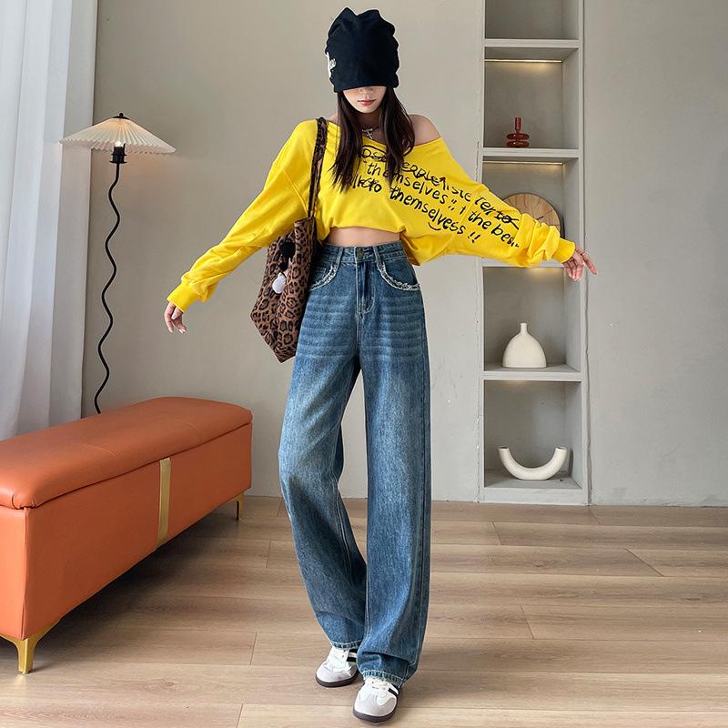 High-waisted Retro Wide-leg Jeans for Women In Spring and Autumn New Style Small Loose Burrs Straight Slimming Floor Pants