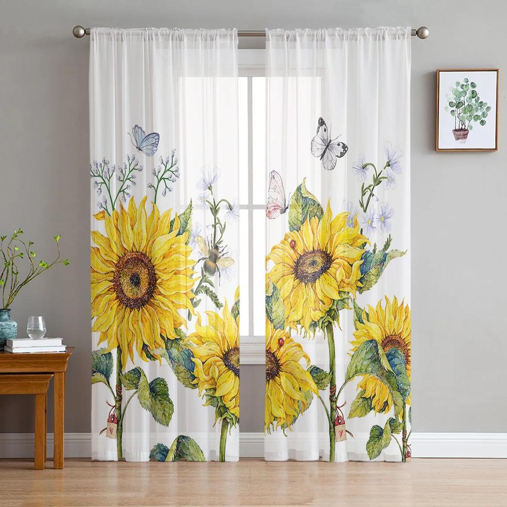 Sonnenblume Blume weiß Tüll Vorhänge für Wohnzimmer Schlafzimmer Dekor Chiffon Sheer Voile Küche Fenster Vorhang