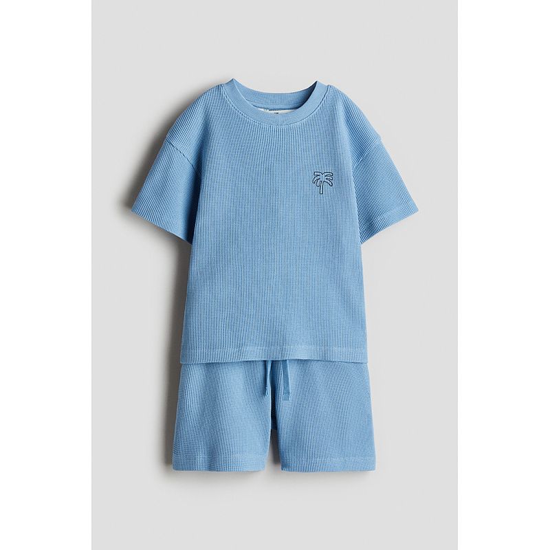 

HM Children s Clothing Boys Fall Suit 2025 New Arrival Waffle Dinosaur Print Short Sleeve Shorts 1281882 Blue/Palm trees 100/56