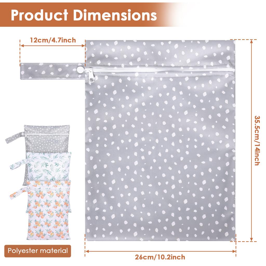 3Pcs Wet Dry Bag Polyester Waterproof Nappy Bag with Wrist Strap Reusable Travel Laundry Bag Baby Cloth Diaper Organiser Pouches