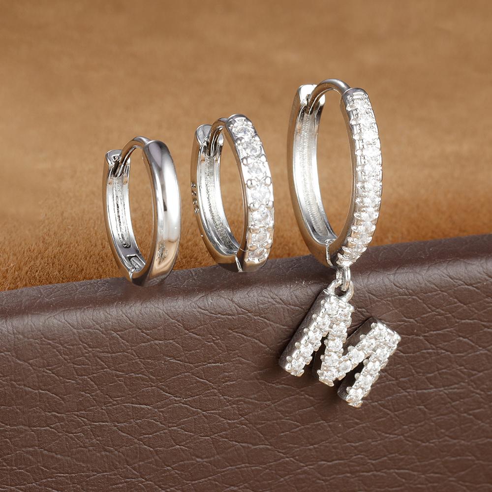 3pcs Silver Color Stainless Steel 26 Letters Hoop Earrings Set For Women A-Z Crystal Zircon Geometric Earrings Wedding Jewelry