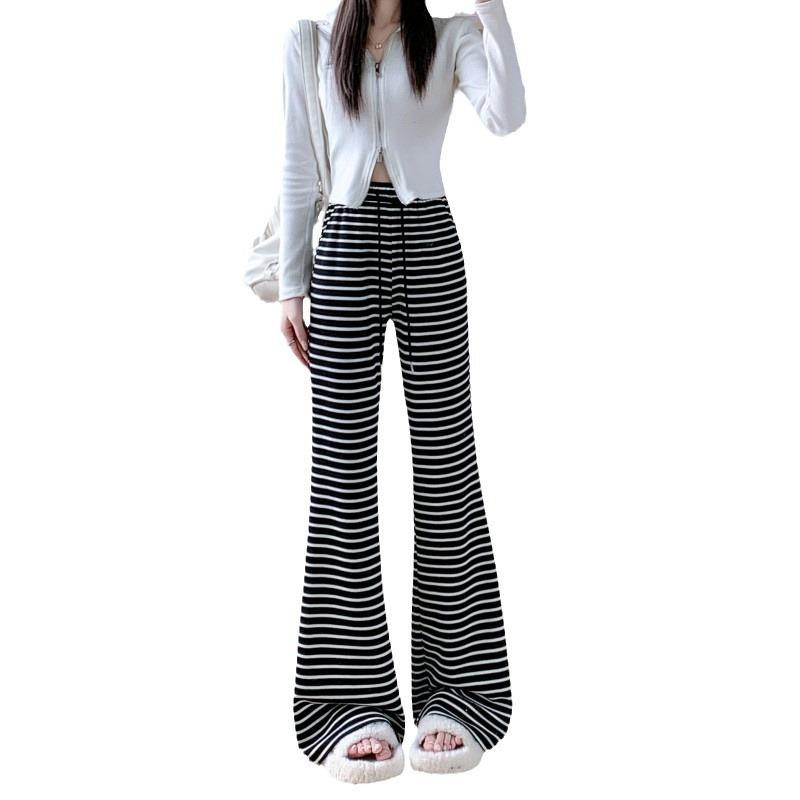Casual Sports Sweatpants Women's Spring, Autumn and Winter New High-waisted Micro-flared Pants Striped Thin Lazy Style Wide-leg Pants