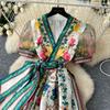 Elegant Retro Print Flower Long Dresses Women Summer Autumn Holiday Palace Style National Trench Belt V Neck Party Dress