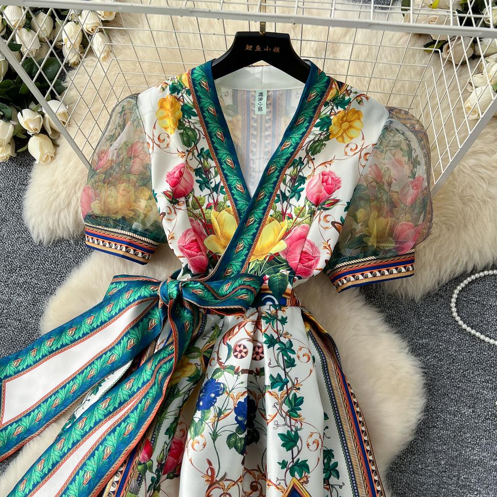 Elegant Retro Print Flower Long Dresses Women Summer Autumn Holiday Palace Style National Trench Belt V Neck Party Dress