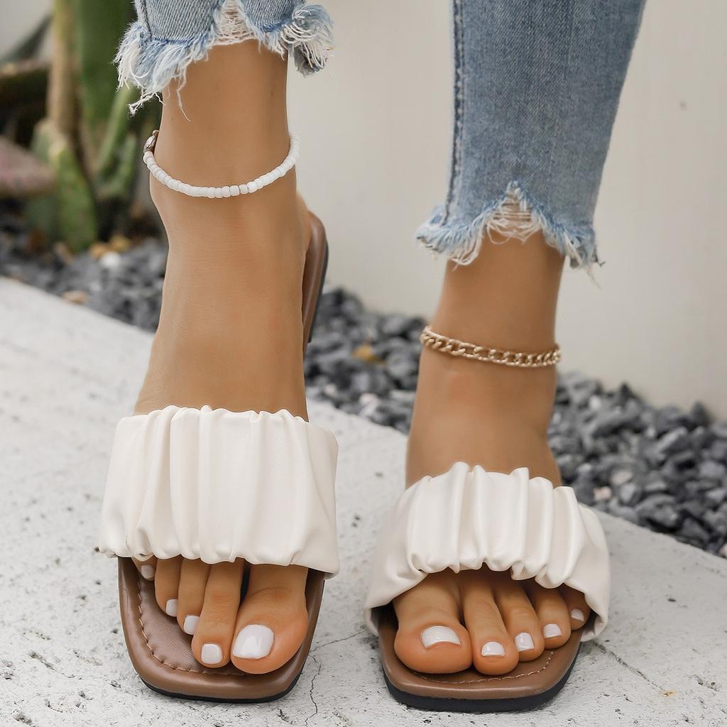 Sommer Hausschuhe für Damen Plissierte Flip Flops Flats Neue Koreanische Hausschuhe Damen Sandalen Grün Slip-on Schuhe Große Größe 36-42