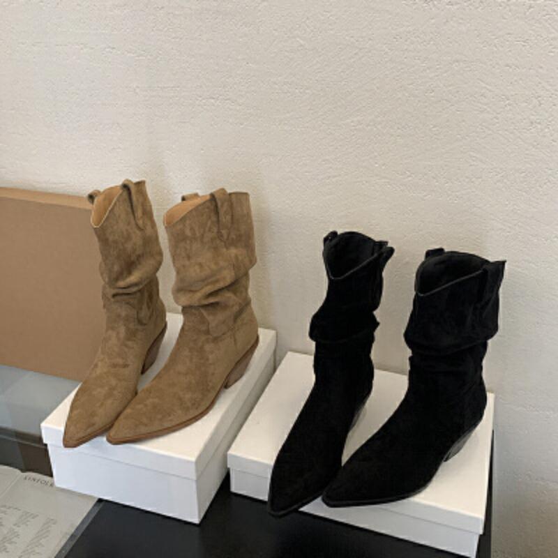 Women's Boots New Solid Color Versatile Knight Boots Comfortable Thick Heel Short Boots Fashion Pointed Suede Stacking Boots