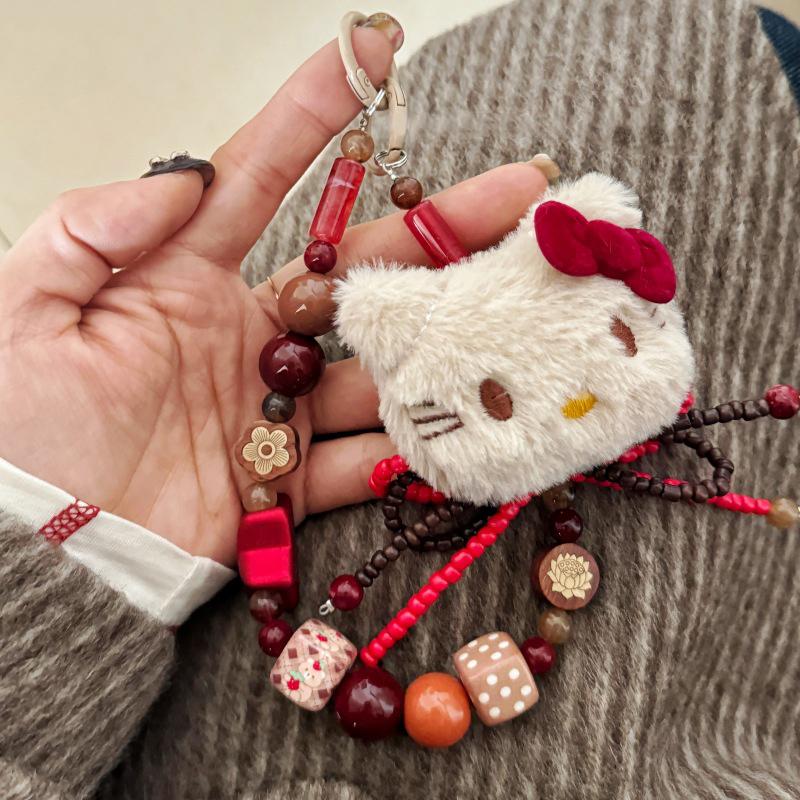 

Sweet Cute Plush Hello Kitty Beaded Mobile Phone Chain Keychain Pendant Kt Cat Backpack Charm Bag Hanging Ornaments Girly Gifts