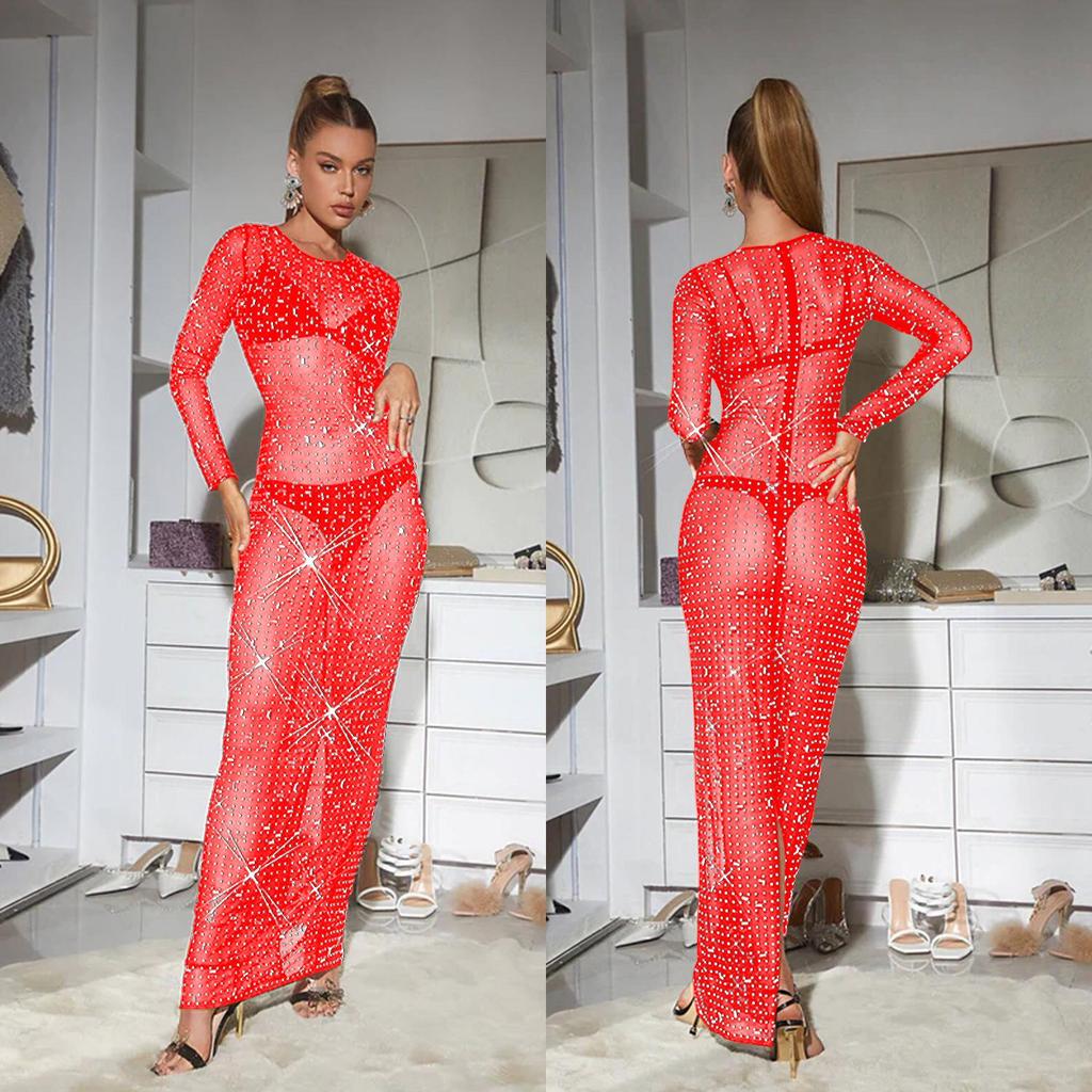 European & American Fashion Women's Solid Color Mesh Long Sleeve Maxi Dress with Hot Drill Details