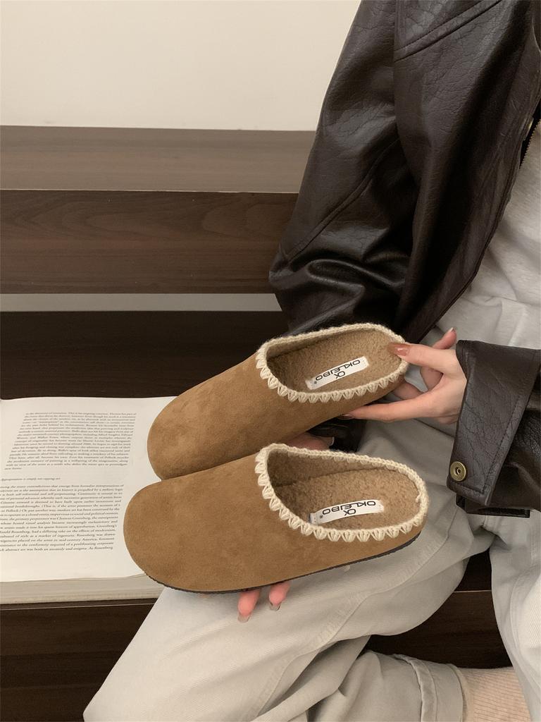 Velvet Lace Edge Birkenstocks, Bag Head, Half-drag Women's Outer Wear 2025 Autumn New Lazy Drag Flat Cotton Shoes, Slippers