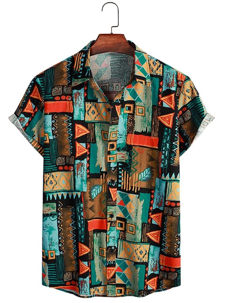 Men's Fashion Retro Printed Short Sleeved Shirt Men's Hawaiian Printed Shirt