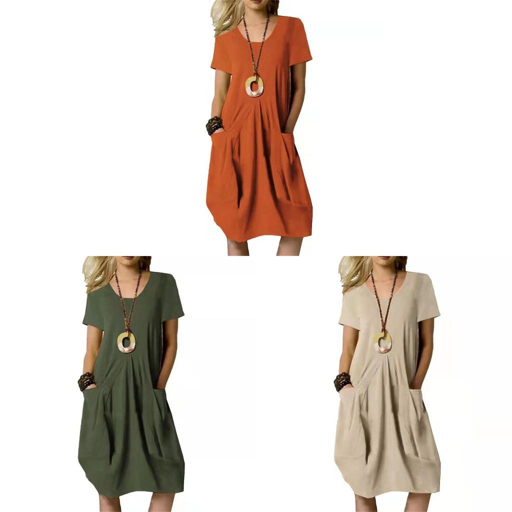 Abito in Cotone e Lino con Maniche a Palloncino e Colore Unito per Abbigliamento Casual Primaverile