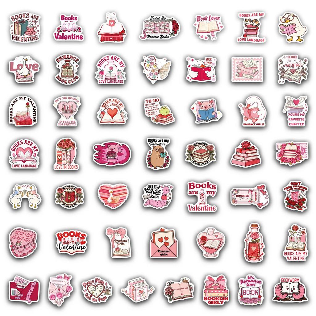 Valentine's Day Bookish Sticker Set: 50 Decorative Stickers for Water Bottles, Phone Cases, & Notebooks
