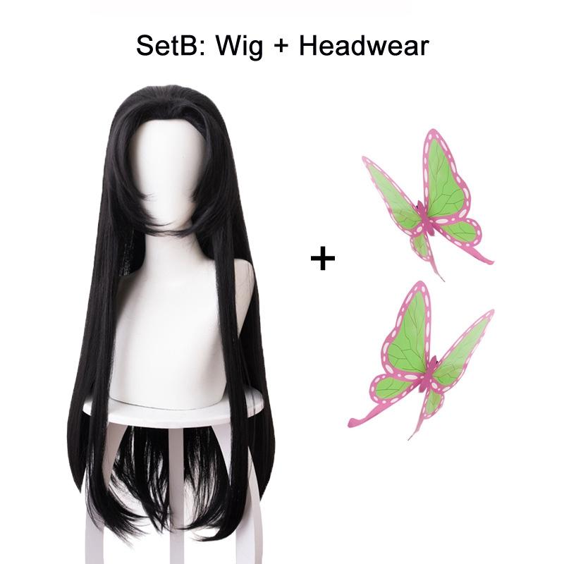 Kochou Kanae Wig Anime Kimetsu No Yaiba Cosplay Synthetic Black Long Hair Butterfly Headwear Halloween Cos Props