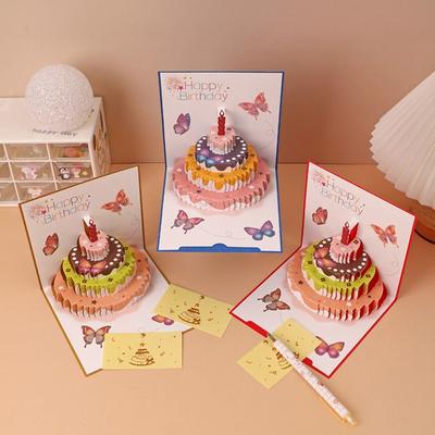 Envelope 3D Happy Birthday Greeting Card Pop Up DIY Butterfly Cake Card Blessing Colorful Fold Post Cards Lovers