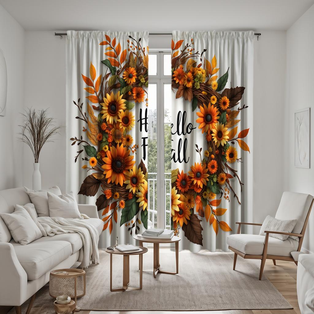 2 Stück HD Erntedank Sonnenblumen Rattan Girlande Vorhang Grün Gelb Krawatte Digital bedruckter Vorhang Heimdekoration Stil Dekorieren