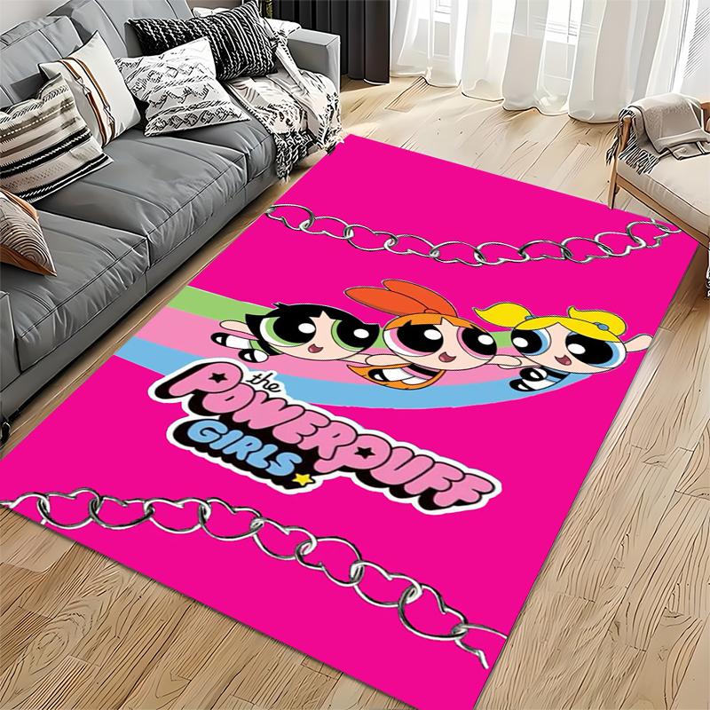 "Powerpuff Girls Cartoon Print Carpet - Pink Kids Room Decor Rug" Suitable for use as an anti-slip for living room bedroom sofas