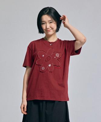 AWESOME STUDIO Flower Patchwork Short Sleeve T-Shirt Wine