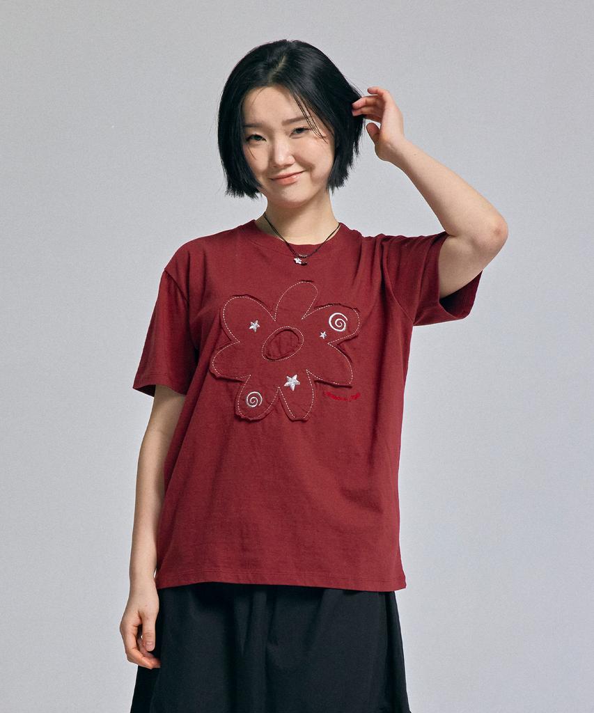 AWESOME STUDIO Flower Patchwork Short Sleeve T-Shirt Wine