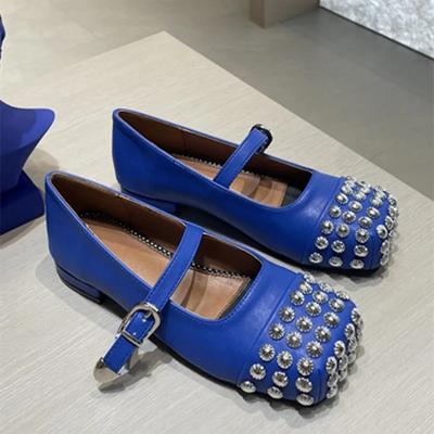Moda Luxo Designer Couro PU Metal Rebites Decorados Sapatos Mary Jane Mulheres 2025 Biqueira Quadrada Sapatilhas de Ballet Elegantes Sapatos Sociais Femininos