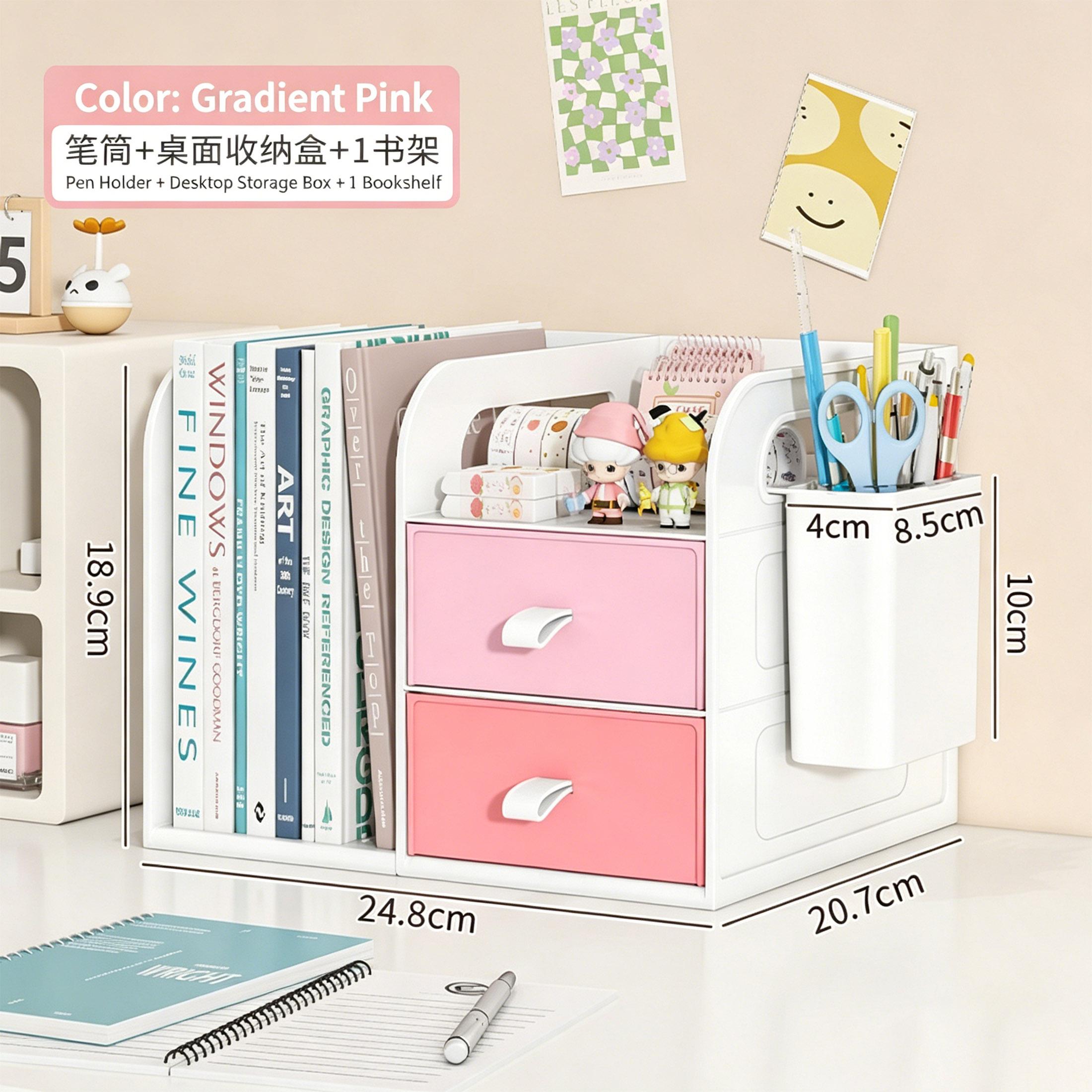 Desktop Bookshelf Organizer with Drawers and Pen Holder Desk Storage Caddy for Office Supplies Books Stationery Home Office School Dorm Desk Organizer