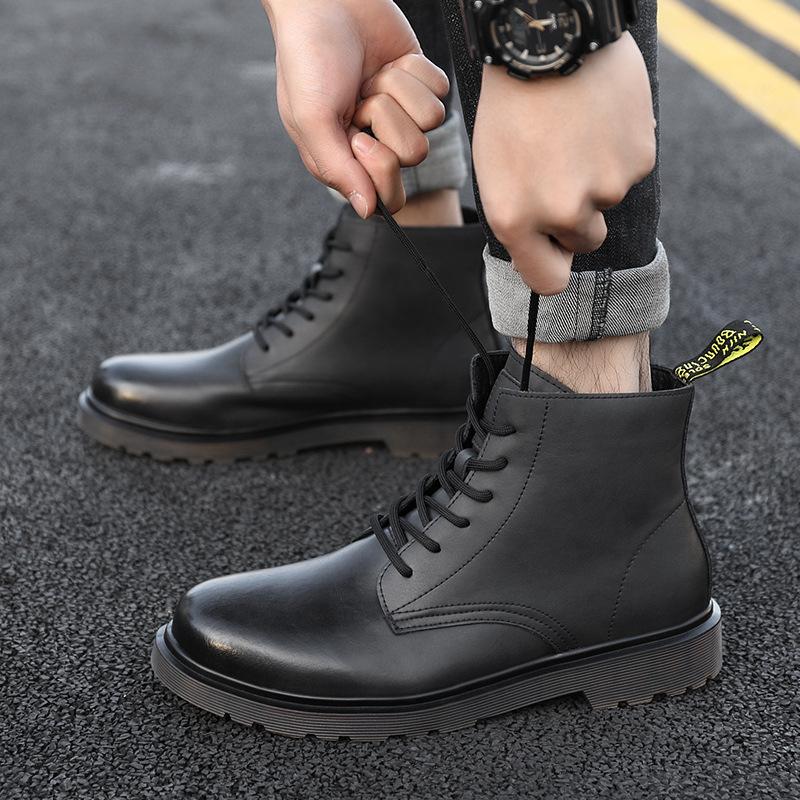 Men's shoes winter velvet thickened Martin boots cowhide black tooling men's leather shoes high-top warm cotton shoes 2025