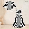Women Plus Size Two Piece Dress Set Black White Geometric Printed Batwing Sleeve Cropped Shrug Strappy Flared Dress