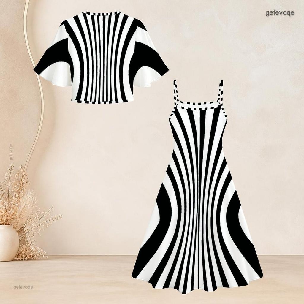 Women Plus Size Two Piece Dress Set Black White Geometric Printed Batwing Sleeve Cropped Shrug Strappy Flared Dress