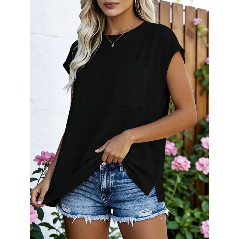 2026 Summer New Women's Solid Color Round Neck Pocket T-Shirt, Loose Casual Side Slit Short Sleeve