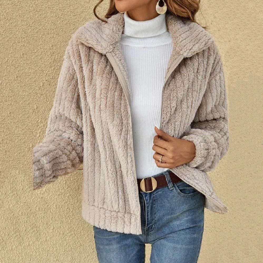 

Женское пушистое однотонное пальто с воротником на молнии с длинным рукавом, теплое пальто с карманом, мягкое, удобное, простое, осенне-зимнее, рабочее короткое пальто для женщин 5XL