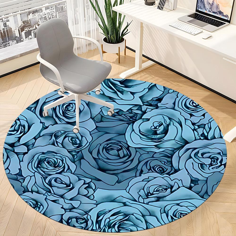 1pc Blue Roses Floral Office Round Area Rug, Indoor Mat Suitable For Office, Under Office Chairs Bedroom Living Room Home Decor, Room Deco