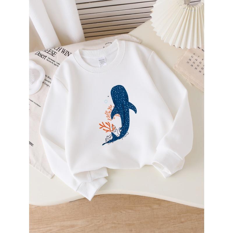 European Sizes Whale Shark Coral Reef Girls' Crew Neck Sweatshirt, Western Top, Long-Sleeved, Casual Colors for Young Girls.