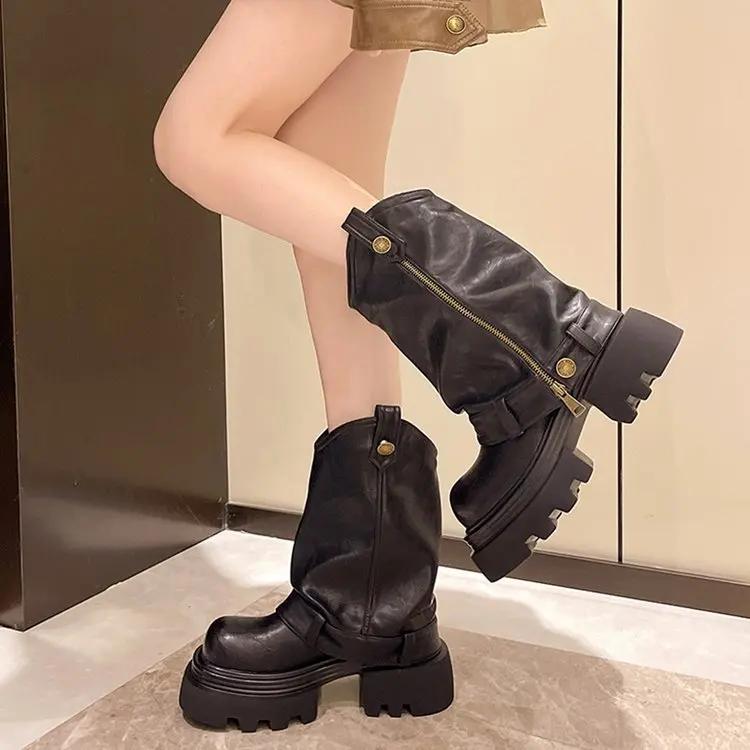 Móda 2025 PU Kůže Jarní Boty s Kulatou Špičkou Motorkářské Boty Dámské Kotníkové Boty Dámská Móda Komínové Podzimní Mokasíny