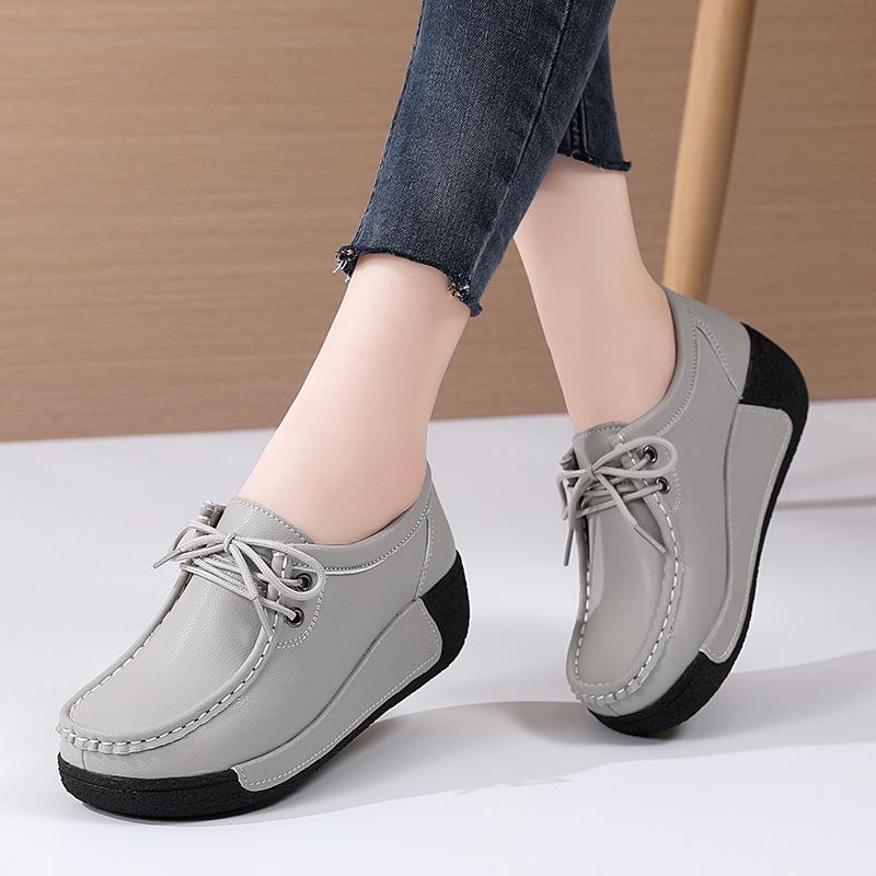 Dámské mokasíny na platformě z pravé kůže v korejském stylu - Sametové, bavlněné, silná podrážka, zvyšující výšku, ležérní, všestranné, teplé boty