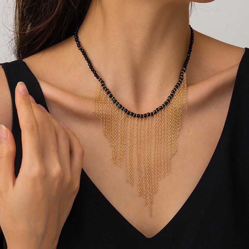 Tassel Necklace - European & American Cross-border Jewelry with Exaggerated Pendant, Niche Rice Bead, Clavicle Chain for Women