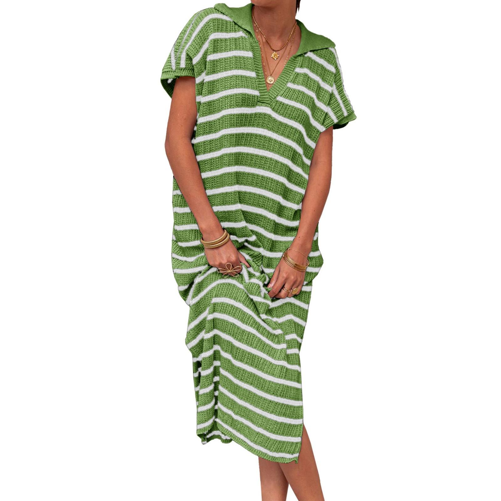 

Женская мода V-образный вырез в полоску с низким разрезом лацкан длинный свитер повседневные платья XXXL