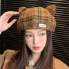 Classic Plaid Wool Beret with Cute Cat Ears - Artistic Painter Style for Autumn/Winter