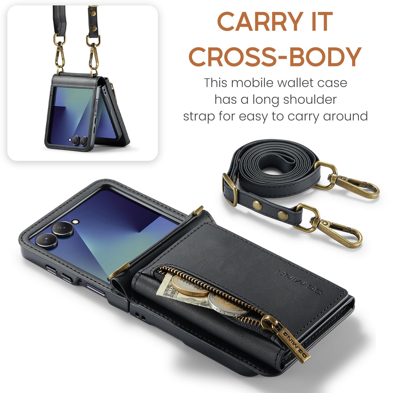 

Auto Leather Crossbody Phone Case for Samsung Galaxy Z Flip 7 Flip6 5 4 3 Long Strap RFID Blocking Card Slot Wallet Stand Cover Galaxy Z Flip7 чёрный