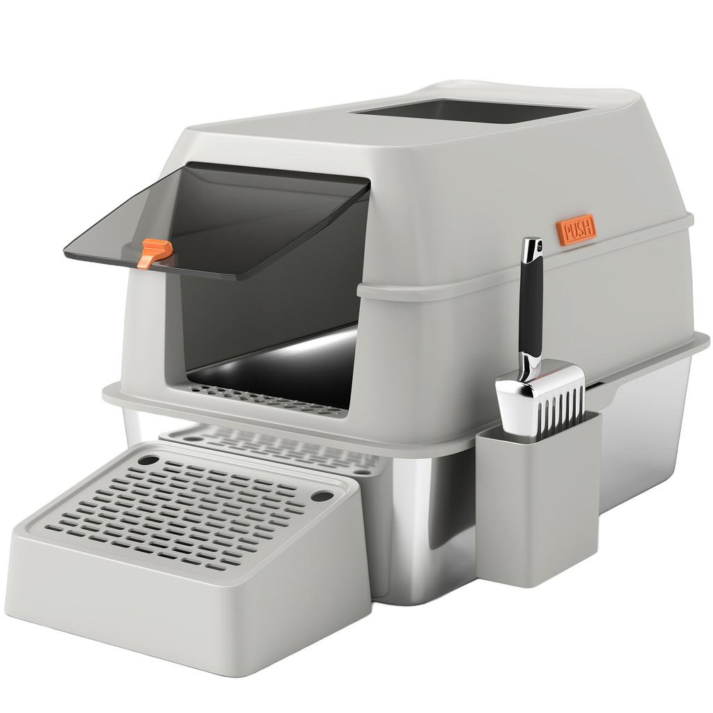 Covered Stainless Steel Cat Litter Box with Exit Step and Stainless Steel Scoop Light Grey
