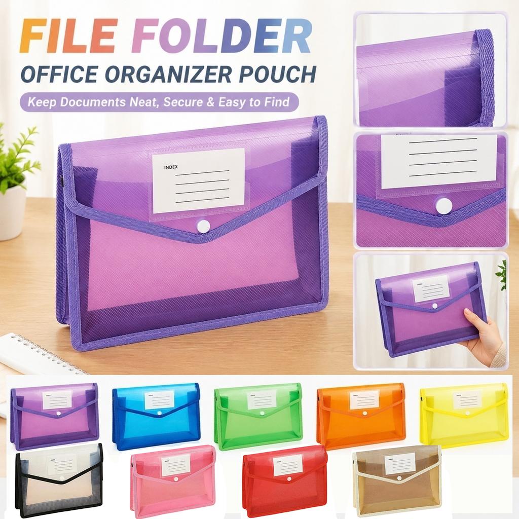 Document File Folder A4 Size Expandable File Organizer with Button Closure Transparent Office Storage Bag with Index Label for Filing
