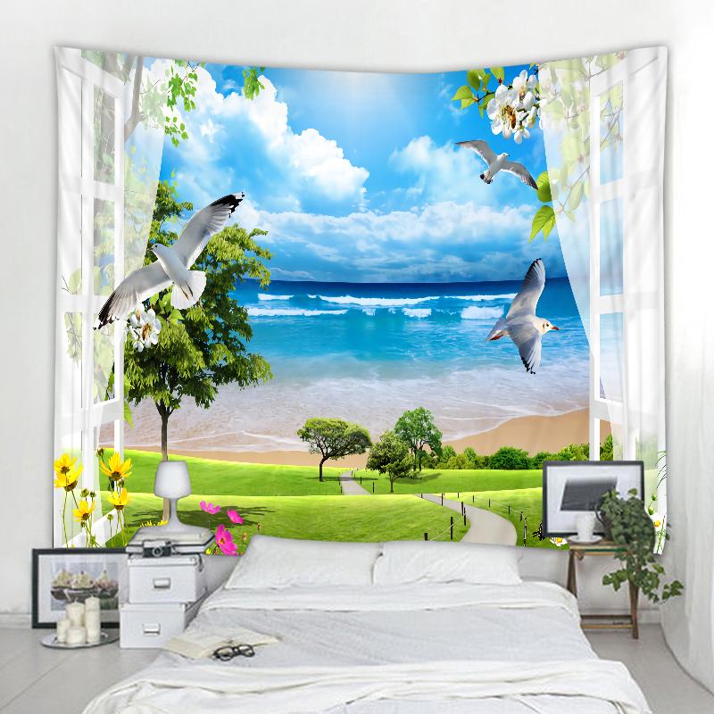 

Скандинавский 3D гобелен с имитацией окна, пейзажа, настенное художественное украшение, занавеска, гобелен, эстетика комнаты, украшения дома 150X100CM