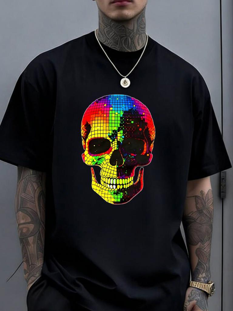 Designed for Teenagers Teenager'S Heavyweight Retro 80S T-Shirt Bold Neon Skull Graphic Tee Suitable for Halloween Gothi