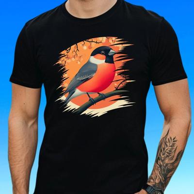 T-Shirt Men Bullfinch Bird Motif Cotton Size S To 5XL
