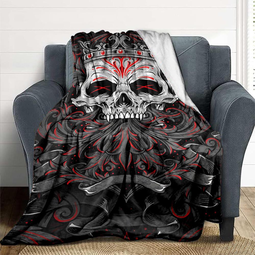1pc Gothic Skull Crown Blanket, Lightweight Flannel Throw For Sofa, Bed, Travel, Camping, Livingroom, Office, Couch, Chair, And Bed,