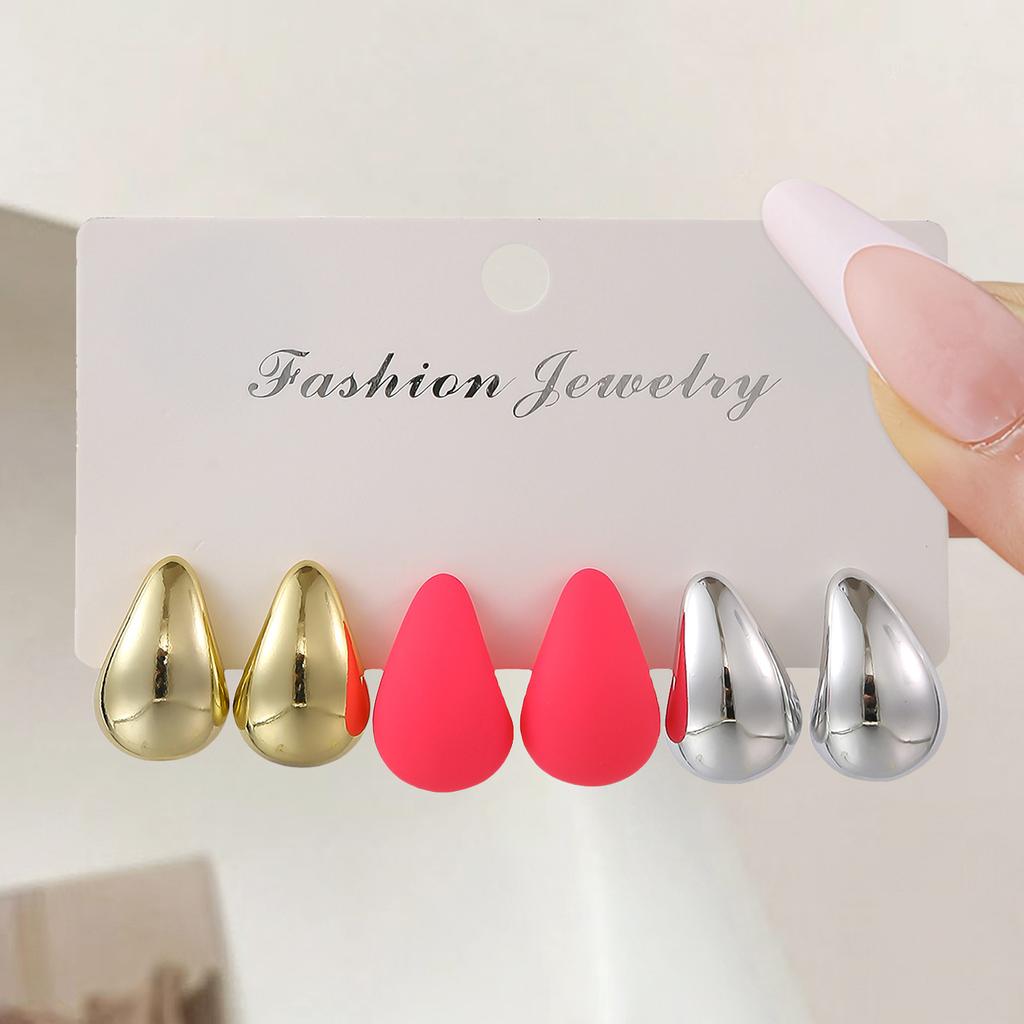 Popular pink water drop earrings set, European and American design stud earrings, 1 pair of versatile earrings.