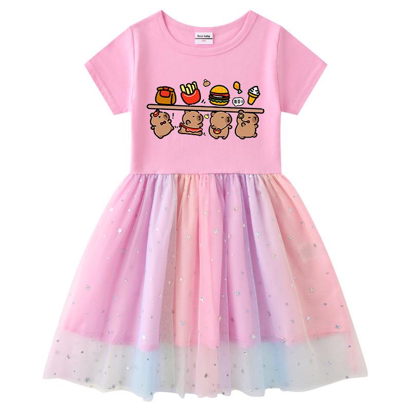 Korean Style Children's Princess Dress with Stars, Rainbow Sequins, Mesh Pleats, Short/Long Sleeves for Spring, Summer, Autumn
